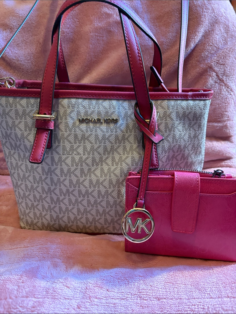 Michael Kors Beige MK Logo Tote with Pink Trim & Matching Pink Wristlet